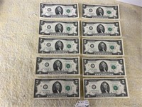 (10) UNC Consecutive Numbered $2 Bills