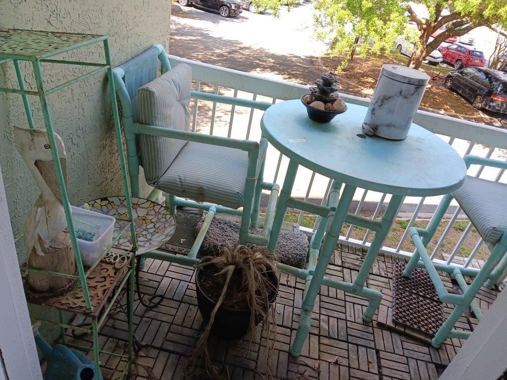 Contents of porch, as is one stool is bad. Metal