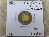 1881 California Gold Token 1/4 Dollar