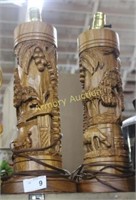 CARVED WOODEN LAMPS - PAIR - WORKING