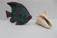 Sea Shell 7" & Wood Carved Fish 8 x 9 1/2