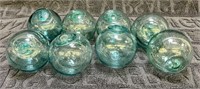 (A) 8 Small Blue Glass Floats, 10" Circumference