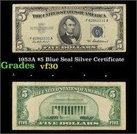 1953A $5 Blue Seal Silver Certificate Grades vf++