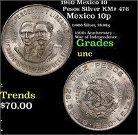 1960 Mexico 10 Pesos Silver KM# 476 Grades Brillia