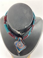 Beautiful Art Glass Pendant with Beaded Necklace