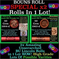 2x BU Shotgun Lincoln 1c rolls, 1963-d & 1994-d 50