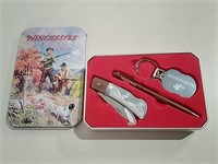 Winchester Knife, Pen & Keychain W/ Tin