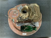 Tray w/Brass Items, Glassware, etc.