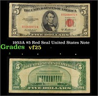 1953A $5 Red Seal United States Note Grades vf+