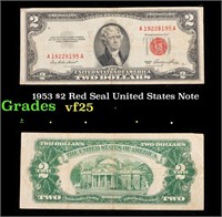 1953 $2 Red Seal United States Note Grades vf+