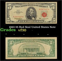 1963 $5 Red Seal United States Note Grades vf++