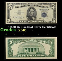 1953B $5 Blue Seal Silver Certificate Grades xf