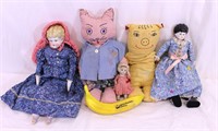5 Vtg. H.M.Fabric&Porcelain Dolls,German & Japan+