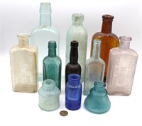 11 Vtg. Apothecary, Ink, Liquor Bottles+