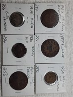 6 Different World Coins 1915 Cuba Cinco Centavos,