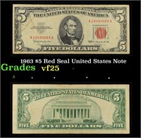 1963 $5 Red Seal United States Note Grades vf+