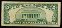 1953A $5 Blue Seal Silver Certificate Grades vf+