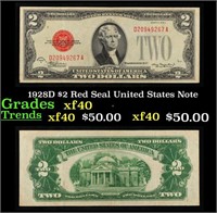 1928D $2 Red Seal United States Note Grades xf