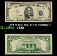 1953 $5 Blue Seal Silver Certificate Grades vf+