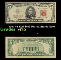 1963 $5 Red Seal United States Note Grades vf++