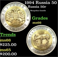 1994 Russia 50 Rubles Bimetallic Y# 369 Grades GEM