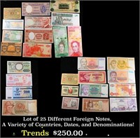 Lot of 25 Foreign Currency Notes, Various Countrie
