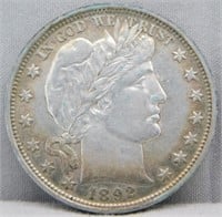 1892 UNC with Toning Barber Silver Half Dollar.