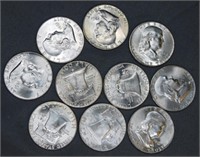 (10) 1961-D UNC Franklin Silver Half Dollars.