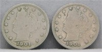 (2) 1901 Liberty Head Nickels, VG.