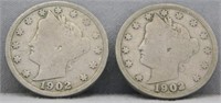 (2) 1902 Liberty Head Nickels, VG.