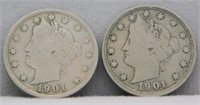 (2) 1901 Liberty Head Nickels, A.B.T. Fine.