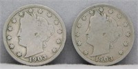 (2) 1903 Liberty Head Nickels, VG.