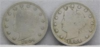 (2) 1904 Liberty Head Nickels, F.