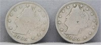 (2) 1905 Liberty Head Nickels, VG+.