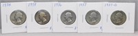 (5) Washington Silver Quarters. Dates Include: