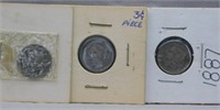 (3) 3 Cent Pieces. Dates Include: (2) 1866, 1887.