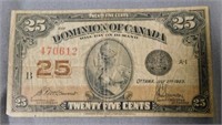 1923 Dominion of Canada 25 Cent Paper Note.
