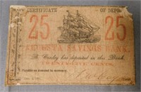 Augusta Savings Bank 1861 25 Cent Deposit