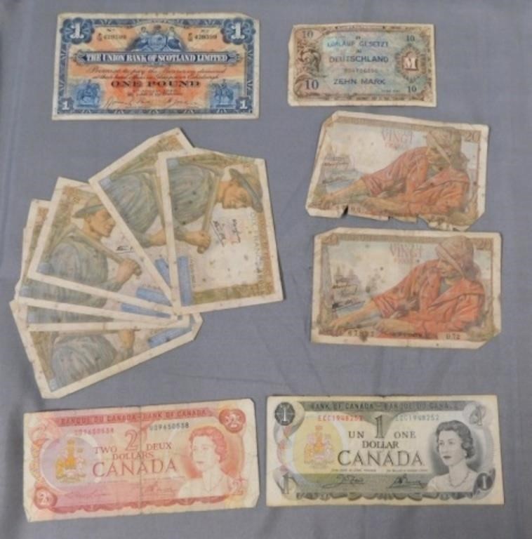 Group of Various Foreign Money in 1945 Stamped