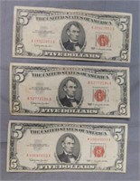 (3) 1963 Red Stamp $5 Notes.