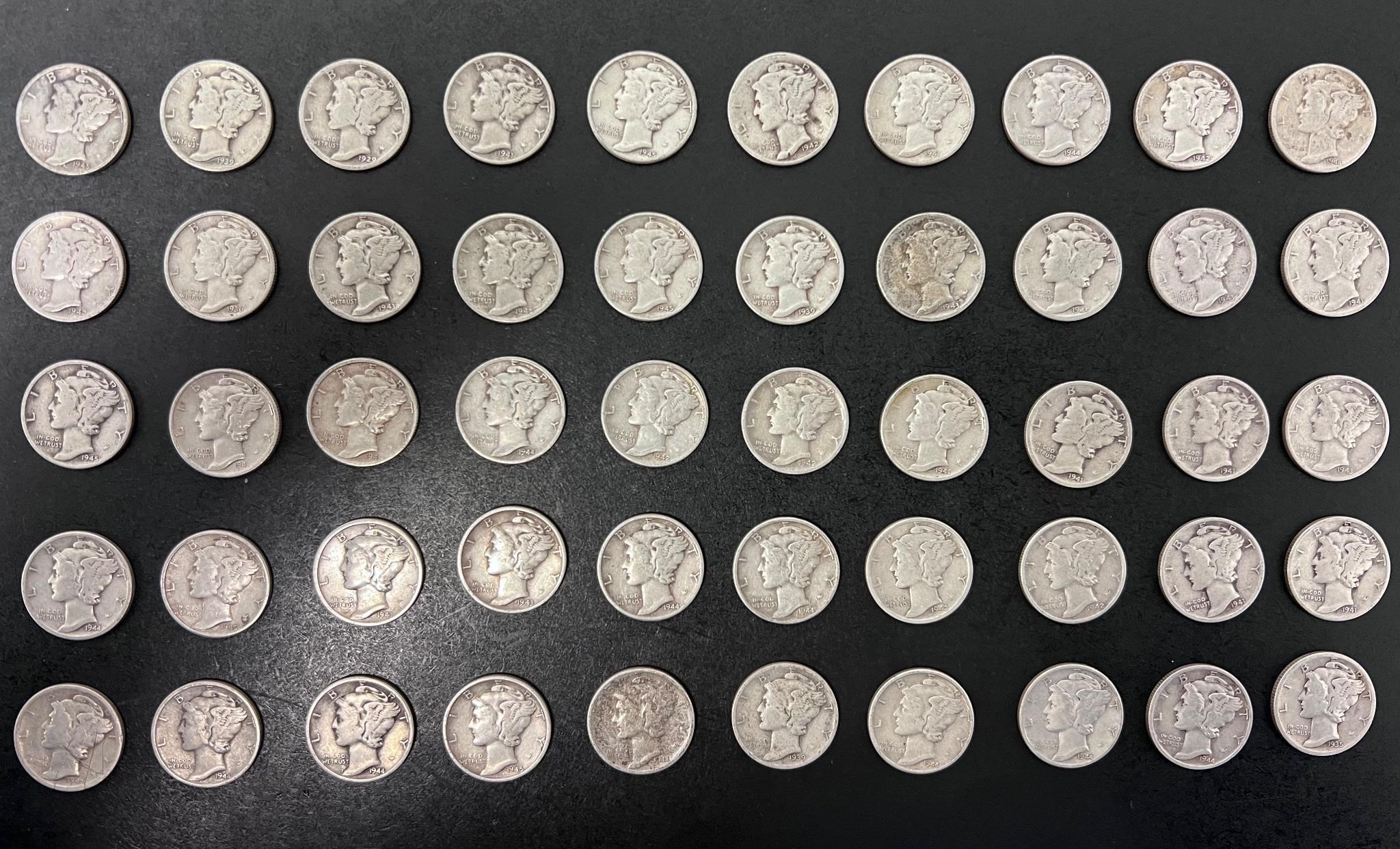 Lot of 50 Mercury head dimes 1920s-1940s