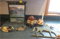 Small cabinet, 2 ducks, horse decoration, misc.