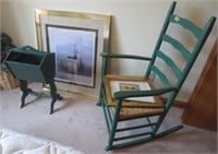 Rocking chair, sewing stand, pictures