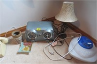 Clock, pictures, radio, lamp, vaporizer, misc.