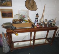 Glass top hallway stand & misc. items on it