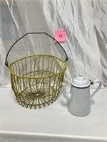 Vintage Coated Wire Basket & White Enamelware