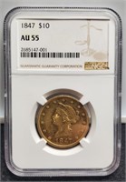 1847 Slab $10 Gold Liberty NGC AU55