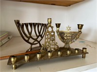 2 Brass Menorahs & Brass Candle Holders