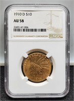 1910-D Slab $10 Gold Indian NGC AU58