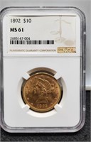 1892 Slab $10 Gold Liberty NGC MS61